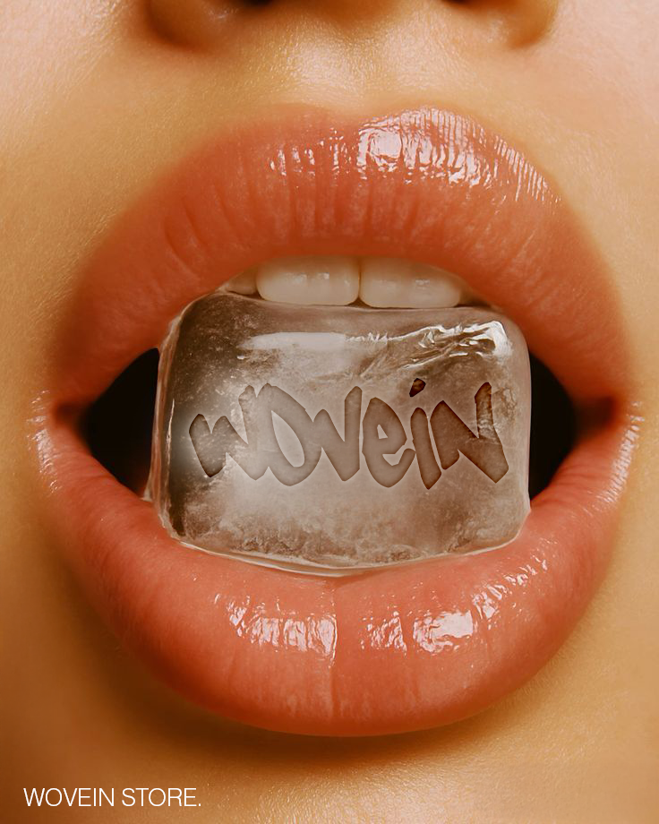 Ice cube with 'Wovein' branding held between lips